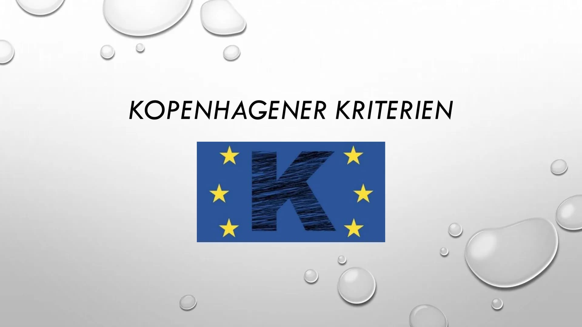 KOPENHAGENER KRITERIEN ●
SEID DEM 22.JUNI 1993 BESCHLOSSEN BEIM EU-GIPFEL IN KOPENHAGEN
• VON DEM EUROPÄISCHEN RAT DER STAATS- UND REGIERUNG