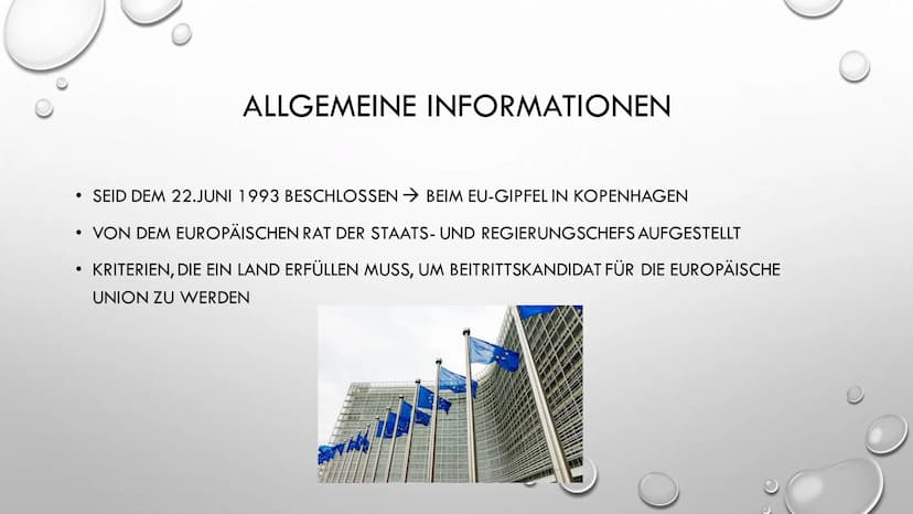 KOPENHAGENER KRITERIEN ●
SEID DEM 22.JUNI 1993 BESCHLOSSEN BEIM EU-GIPFEL IN KOPENHAGEN
• VON DEM EUROPÄISCHEN RAT DER STAATS- UND REGIERUNG