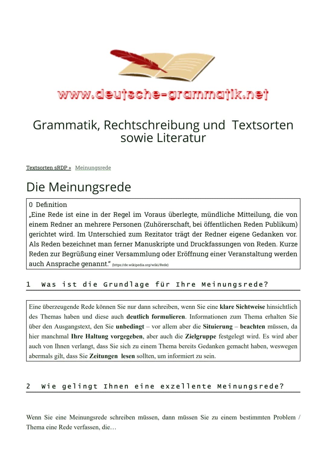 www.deutsche-grammatik.net
Grammatik, Rechtschreibung und Textsorten
sowie Literatur
Textsorten SRDP >> Meinungsrede
Die Meinungsrede
0 Defi