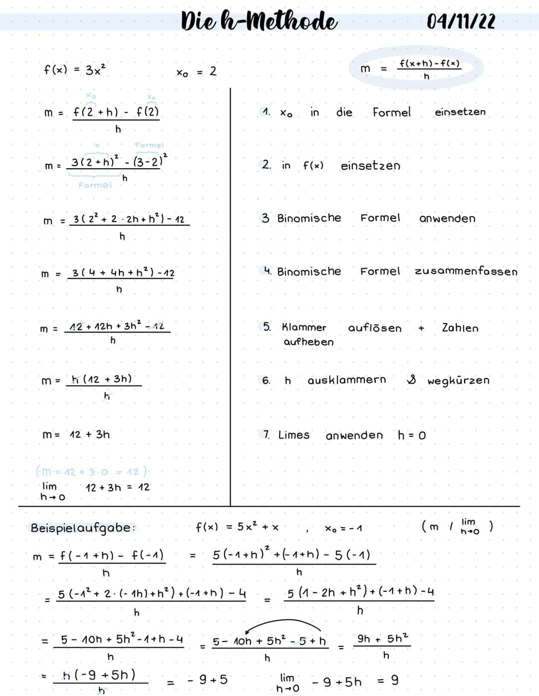 f(x) =
M = f(2 +h)-
h
m=
m =
3x²
m =
m =
Formel
3 (2+h)²-(3-2) ²
h
m = 3 (2²+2 2h+h²) - 12
h
f(2)
3 ( 4 + 4h+h²²) - 12
m = 12 + 3h
Formel
h
