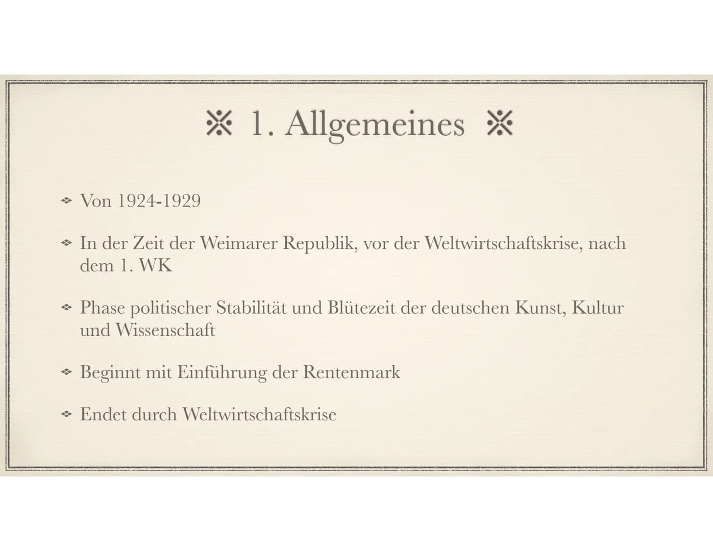 Die Goldenen Zwanziger
Sein oder Schein? 1. Allgemeines
1.1. Zeitstrahl
2.Vorgeschichte und Entwicklung
3. Wirtschaft
3.1. Erfindungen
4. Po