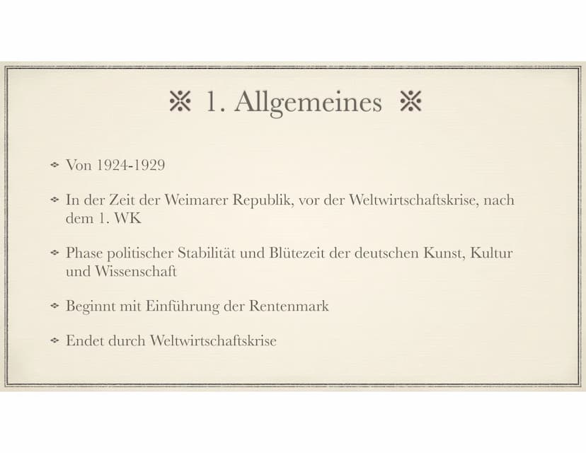 Die Goldenen Zwanziger
Sein oder Schein? 1. Allgemeines
1.1. Zeitstrahl
2.Vorgeschichte und Entwicklung
3. Wirtschaft
3.1. Erfindungen
4. Po