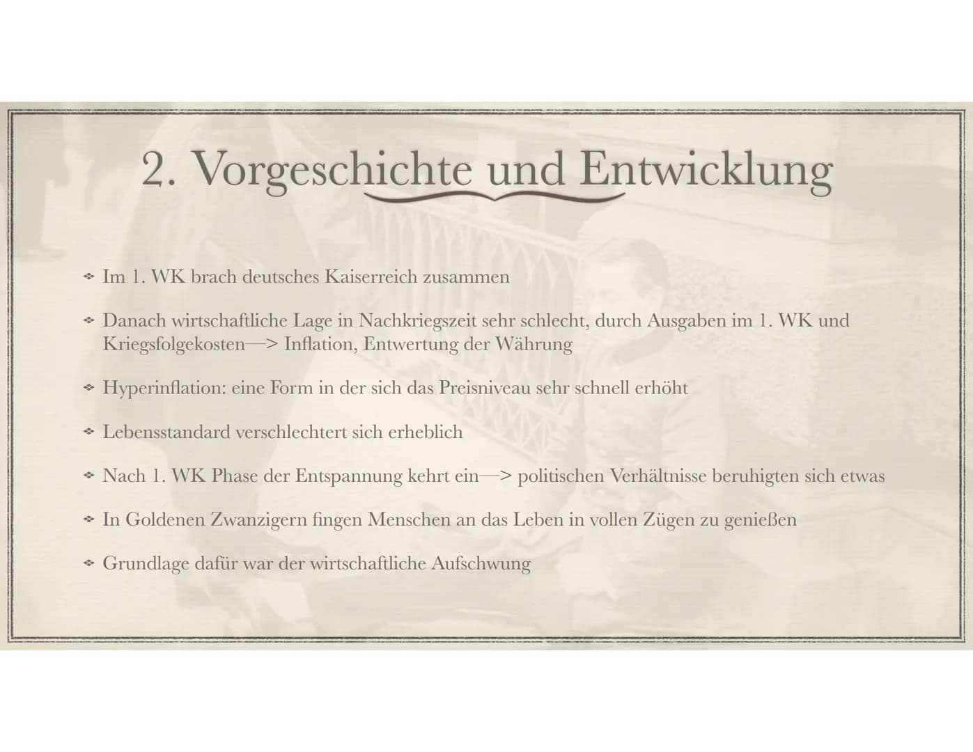 Die Goldenen Zwanziger
Sein oder Schein? 1. Allgemeines
1.1. Zeitstrahl
2.Vorgeschichte und Entwicklung
3. Wirtschaft
3.1. Erfindungen
4. Po