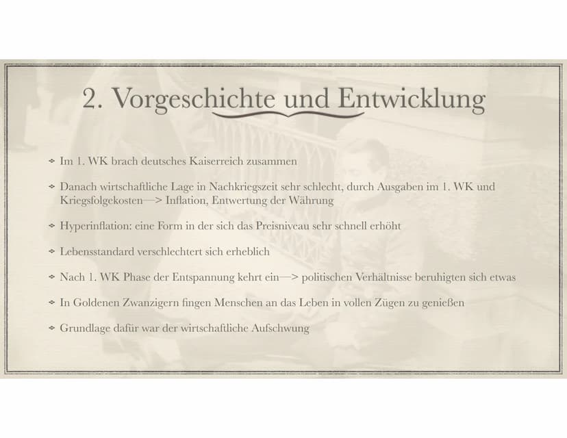 Die Goldenen Zwanziger
Sein oder Schein? 1. Allgemeines
1.1. Zeitstrahl
2.Vorgeschichte und Entwicklung
3. Wirtschaft
3.1. Erfindungen
4. Po