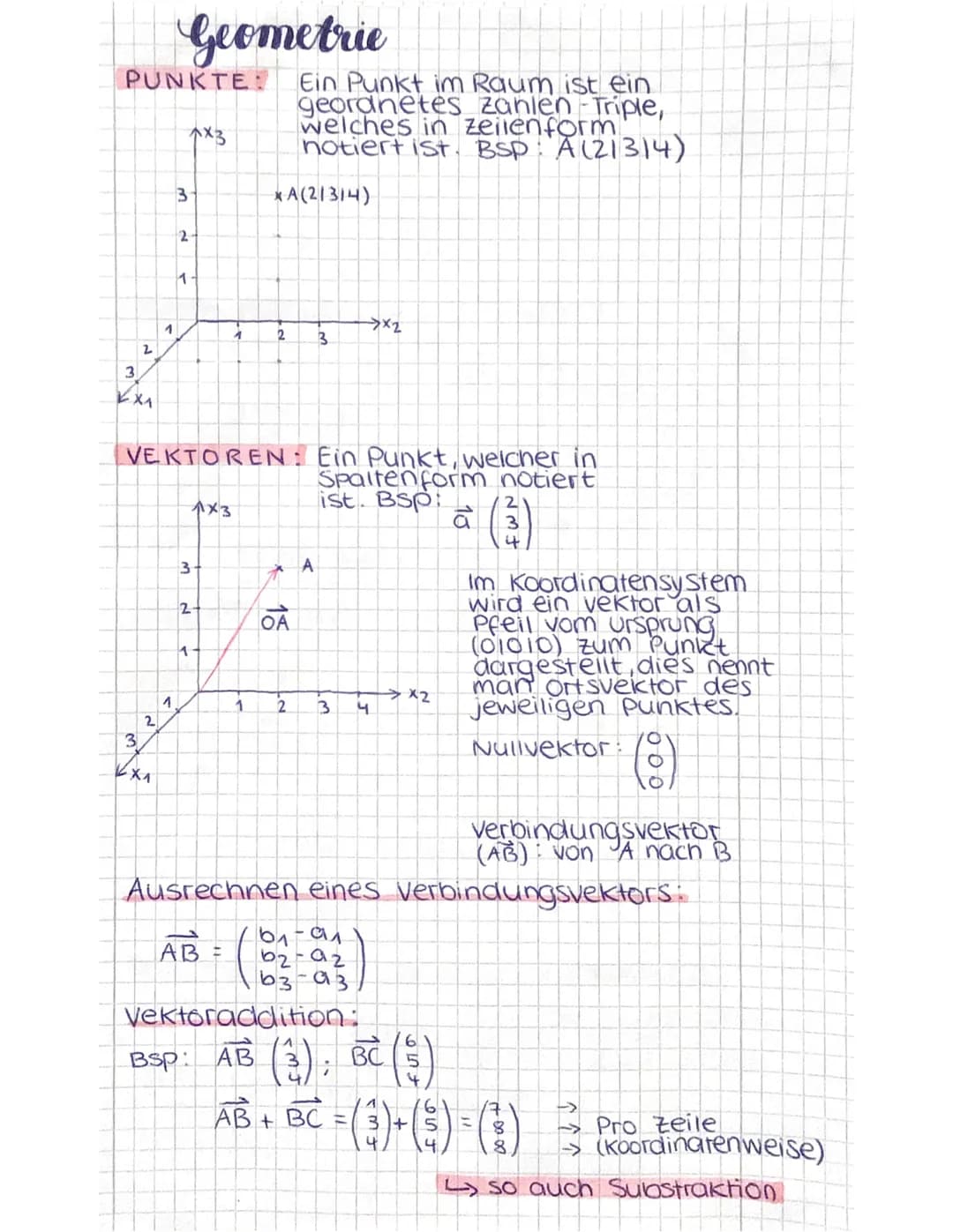 PUNKTE:
7x3
2
3
KX₁
3
2
1
X₁
Geometrie
1
3
2.
1
VEKTOREN: Ein Punkt, welcher in
Spaltenform notiert
ist. Bsp:
3
2
1x3
1
Ein Punkt im Raum is