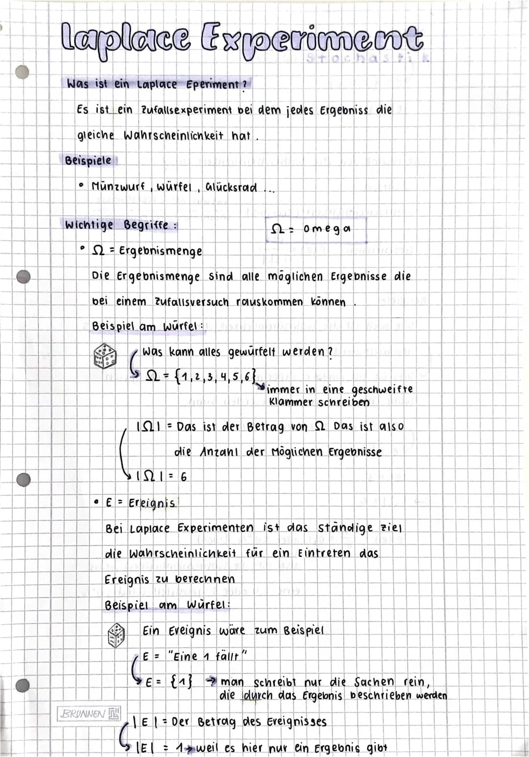 Laplace Experiment
Was ist ein Laplace Eperiment?
Es ist ein Zufallsexperiment bei dem jedes Ergebniss die
gleiche Wahrscheinlichkeit hat.
B
