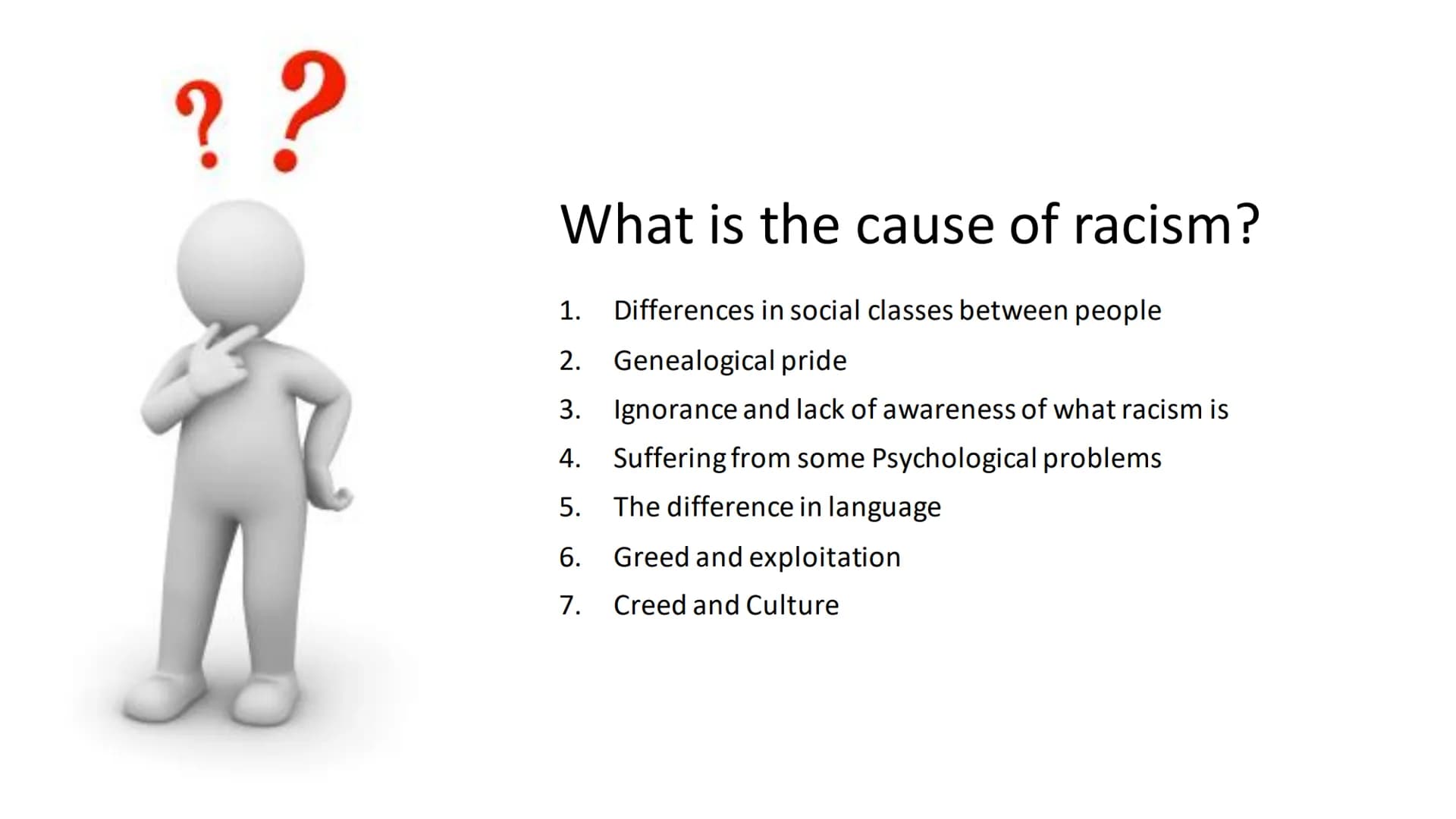 Racism Structure
5
●
●
●
●
●
Definition of racism with an example
What types of racism are there?
What effect does it have on the Person
Are