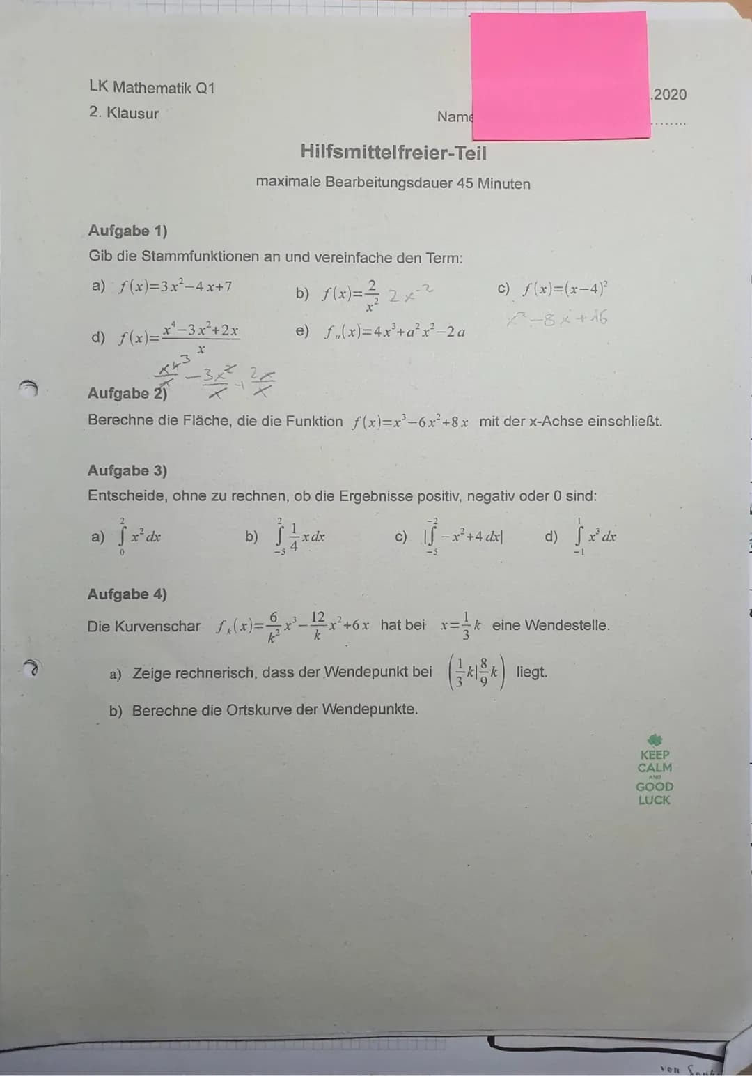 LK Mathematik Q1
2. Klausur
d) _ƒ(x)=x²-3x²+2x
443
Aufgabe 1)
Gib die Stammfunktionen an und vereinfache den Term:
a) f(x)=3x²-4x+7
X
a)
Hil