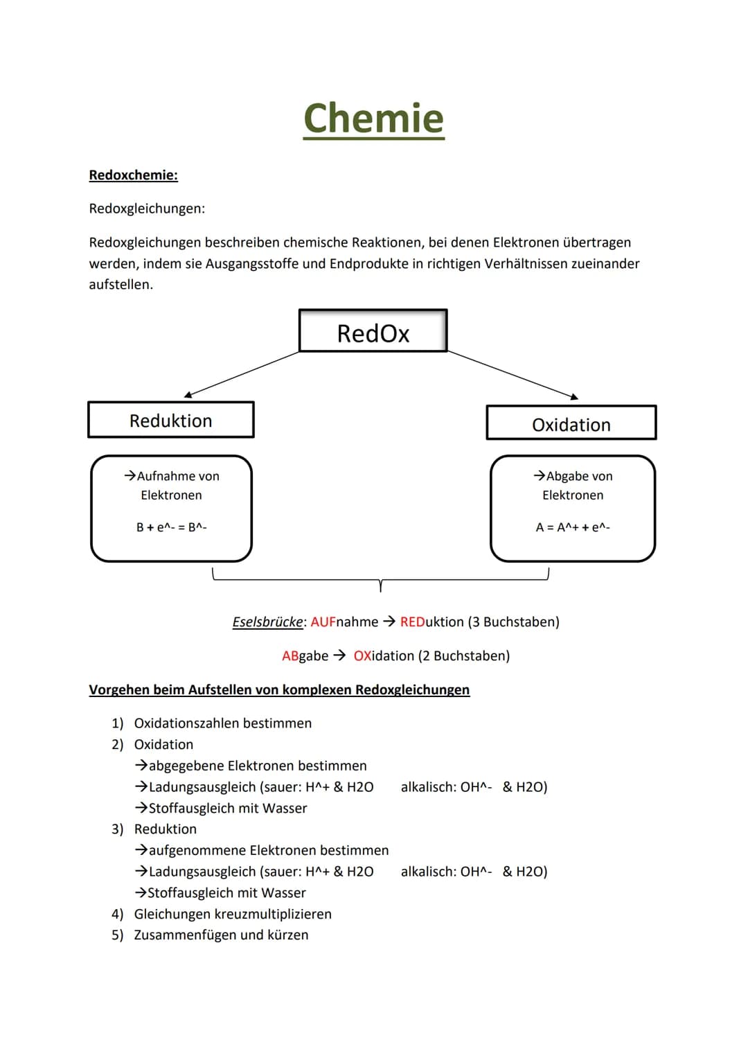 Redoxchemie:
Redoxgleichungen:
Redoxgleichungen beschreiben chemische Reaktionen, bei denen Elektronen übertragen
werden, indem sie Ausgangs