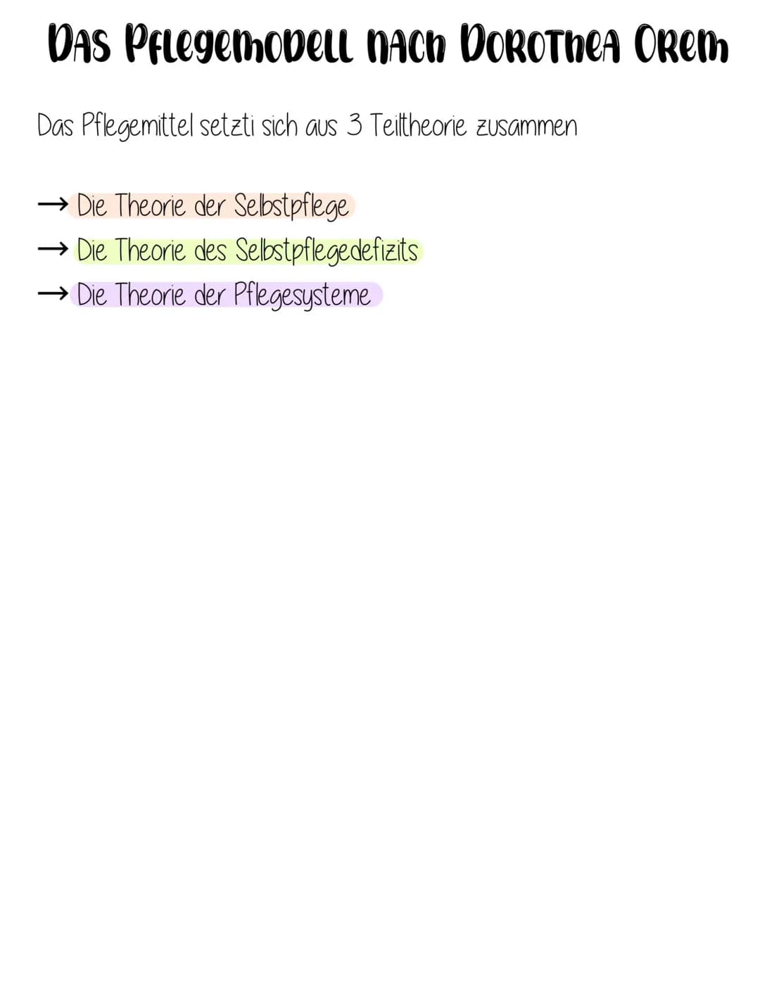 Das Pflegemobell nach DOROTHEA ORem
Das Pflegemittel setzt sich aus 3 Teiltheorie zusammen
Die Theorie der Selbstpflege
Die Theorie des Selb