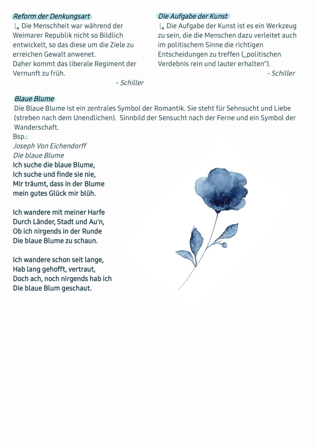 Lernzettel-Romantik
Romantik allgemein:
- Ausdruck innerer Gefühlswelt, Reise ins eigene Ich
- Kritik an die Aufklärung
- Motive: Sehnsucht,