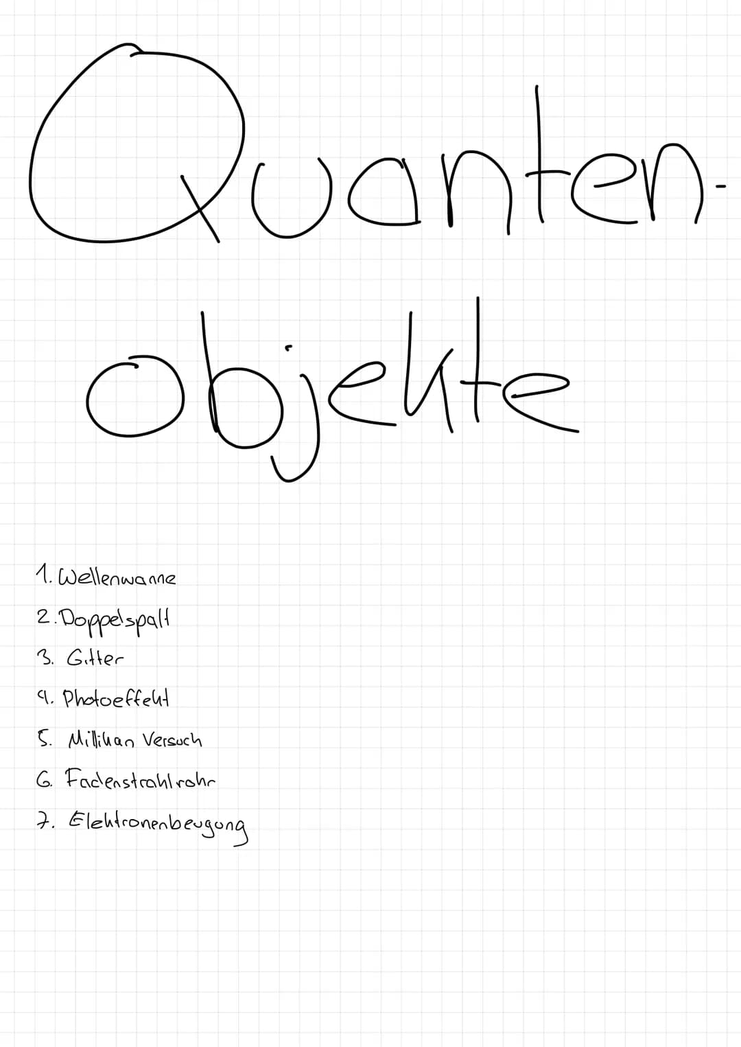 Quanten
objekte
1. Wellenwanne
2. Doppelspall
3. Gitter
4. Photoeffeht
5. Millihan Versuch
6. Fadenstrahlrohr
7. Elektronenbeugung 1. Wellen