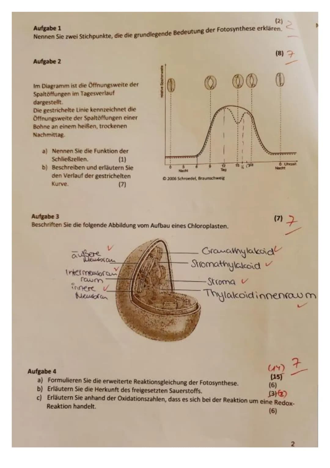 (2)
Aufgabe 1
Nennen Sie zwei Stichpunkte, die die grundlegende Bedeutung der Fotosynthese erklären.
Aufgabe 2
Im Diagramm ist die Öffnungsw