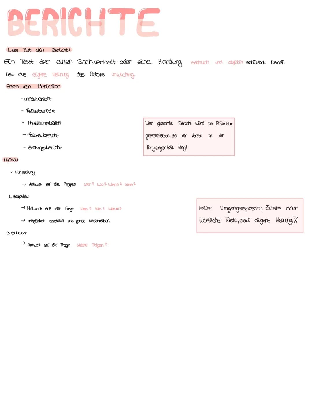 BERICHTE
I Was ist ein Bericht
Ein Text, der einen Sachverhalt oder eine Handlung eachlion und objektiv schildert. Dabei
ist die eigene Hern