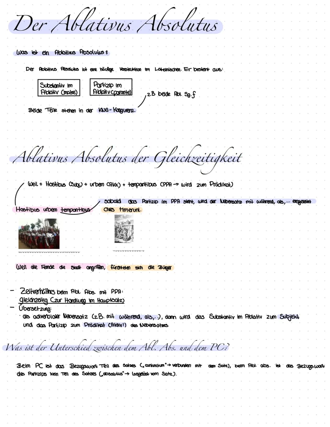 Der Ablativus Absolutus
Was ist ein Ablativus Absolutus ?
Der Ablativus Absolutes ist eine häufige Konstruktion im Lateinischen. Er bestent 