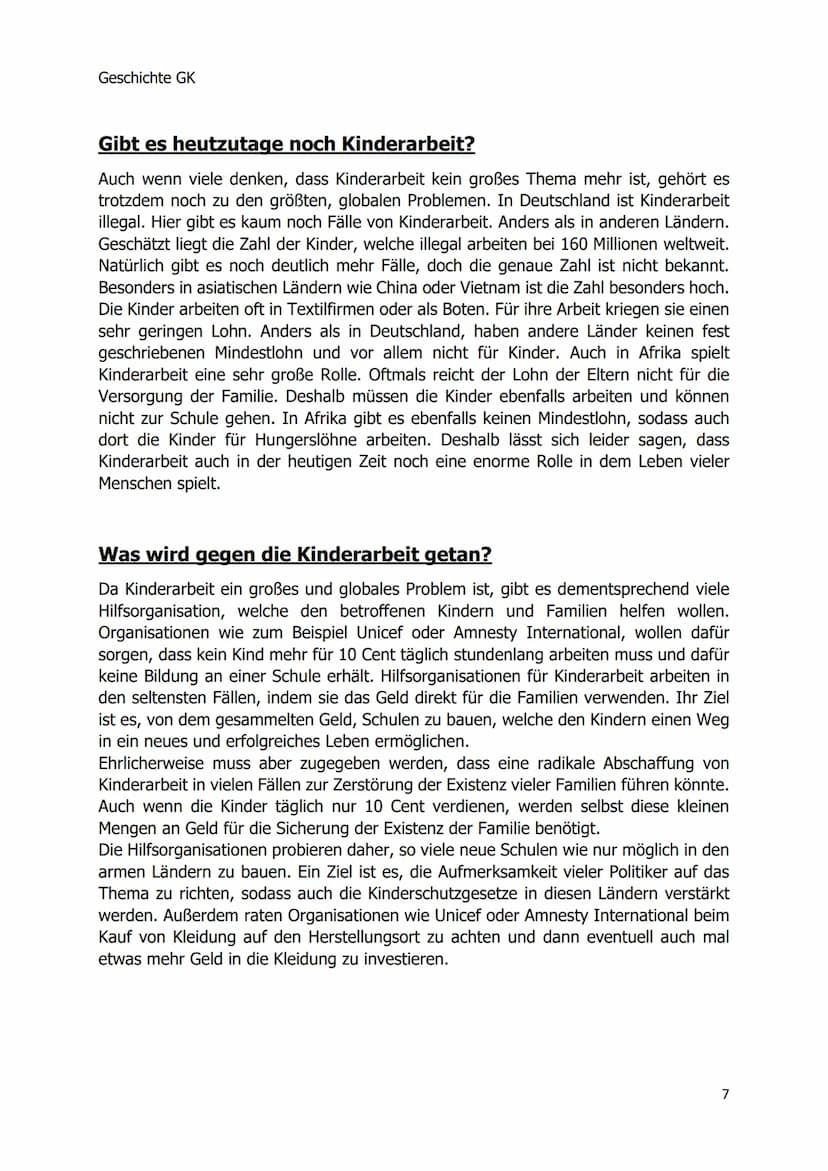 Geschichte GK
Die Auswirkungen der
Industrialisierung und
die Soziale Frage
Existierte Kinderarbeit nur zur Zeit der
Industrialisierung?
1 G