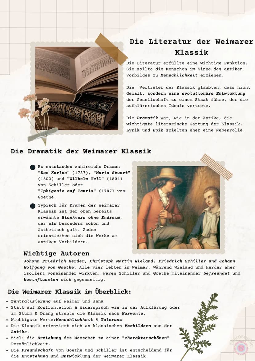 Weimarer Klassik
Auf einen Blick:
• Zeitraum: 1786-1832
Einordnung: folgt auf Aufklärung,
parallel zur Romantik
. bedeutende Ereignisse: die