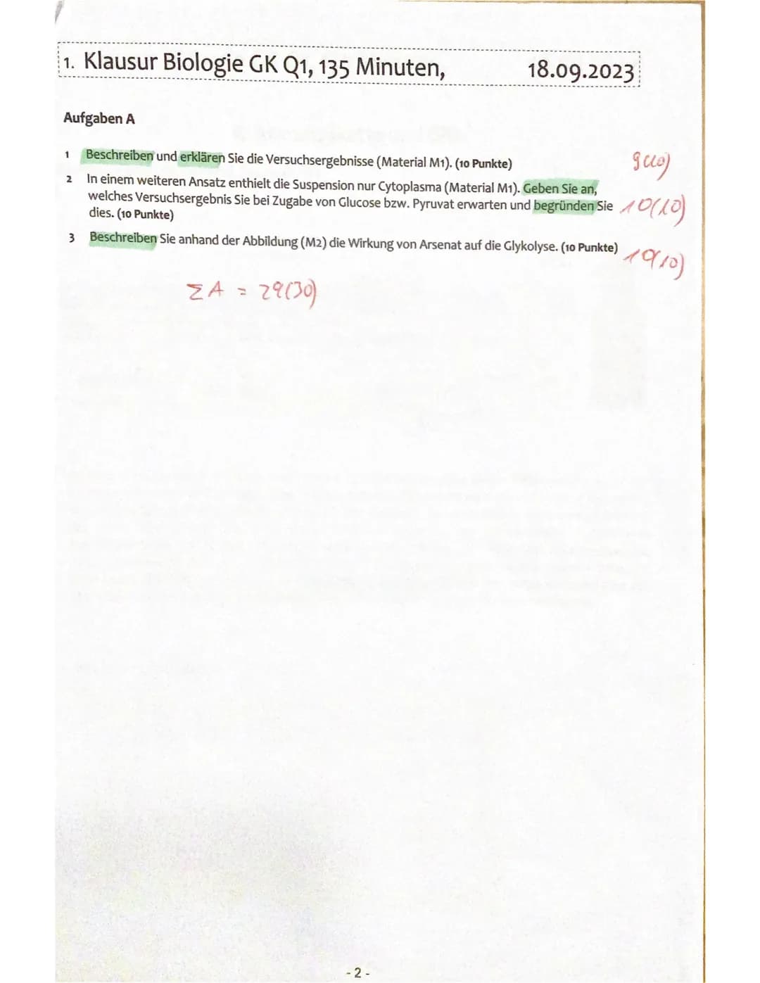 M1
1. Klausur Biologie GK Q1, 135 Minuten,
Lokalisation der Glykolyse
In einem ersten Versuchsansatz wurden zu Mitochondrien und Cytoplasma 