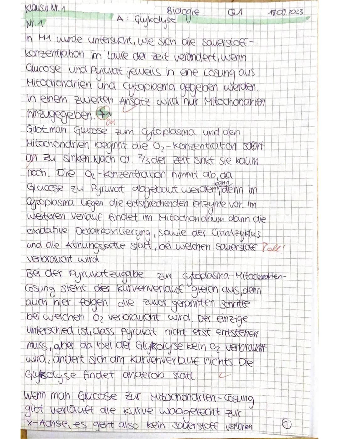 M1
1. Klausur Biologie GK Q1, 135 Minuten,
Lokalisation der Glykolyse
In einem ersten Versuchsansatz wurden zu Mitochondrien und Cytoplasma 