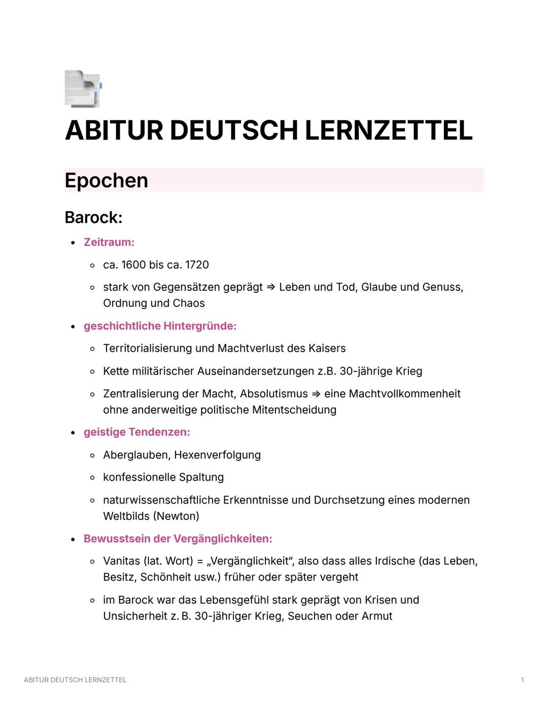 Komplette Deutsch Abitur Lernzettel