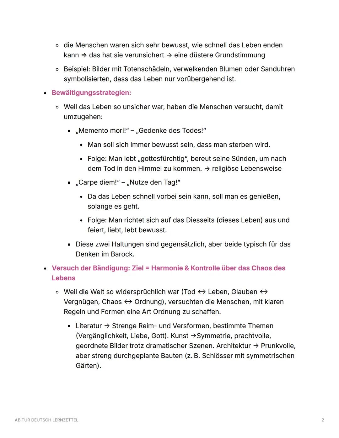 ABITUR DEUTSCH LERNZETTEL
Epochen
Barock:
Zeitraum:
• ca. 1600 bis ca. 1720
• stark von Gegensätzen geprägt → Leben und Tod, Glaube und Genu