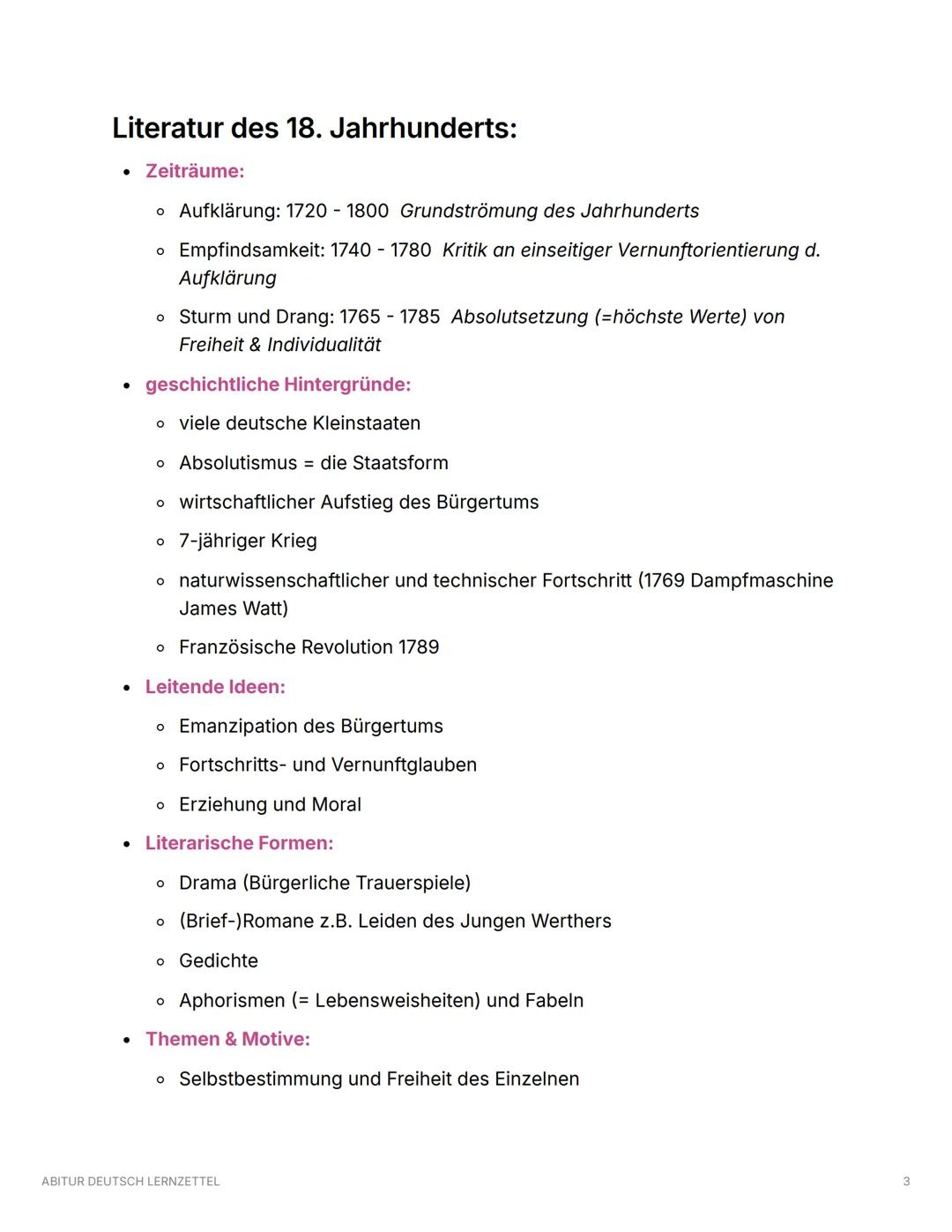 ABITUR DEUTSCH LERNZETTEL
Epochen
Barock:
Zeitraum:
• ca. 1600 bis ca. 1720
• stark von Gegensätzen geprägt → Leben und Tod, Glaube und Genu