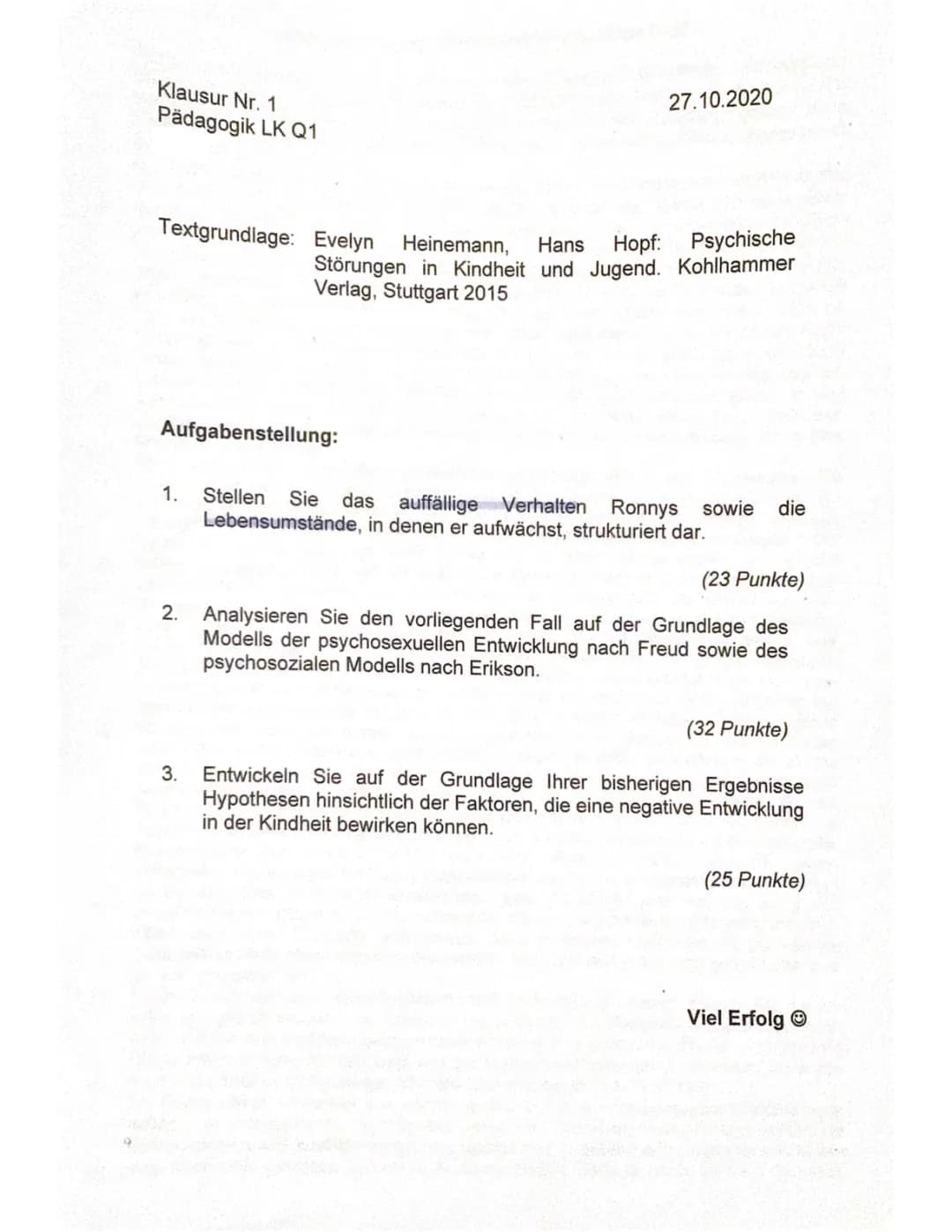 Pädagogik Klausuren Q1 - Modell der psychosexuellen Entwicklung nach Freud sowie das psychosoziale Modell nach Erikson