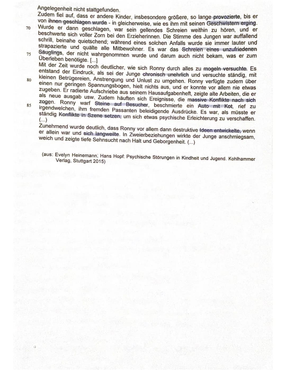 Klausur Nr. 1
Pädagogik LK Q1
Textgrundlage: Evelyn Heinemann, Hans Hopf: Psychische
Störungen in Kindheit und Jugend. Kohlhammer
Verlag, St