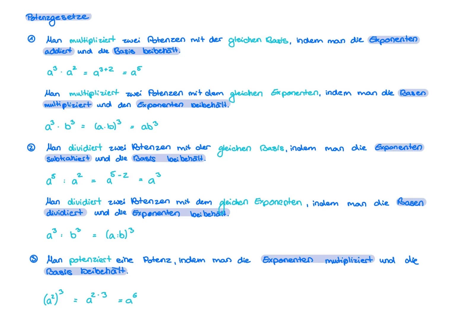 Potenzgesetze
Man multipliziert zwei Potenzen mit der gleichen Basis, indem man die Exponenten
adoliert und die Basis beibehält.
9³+2 = 95
(