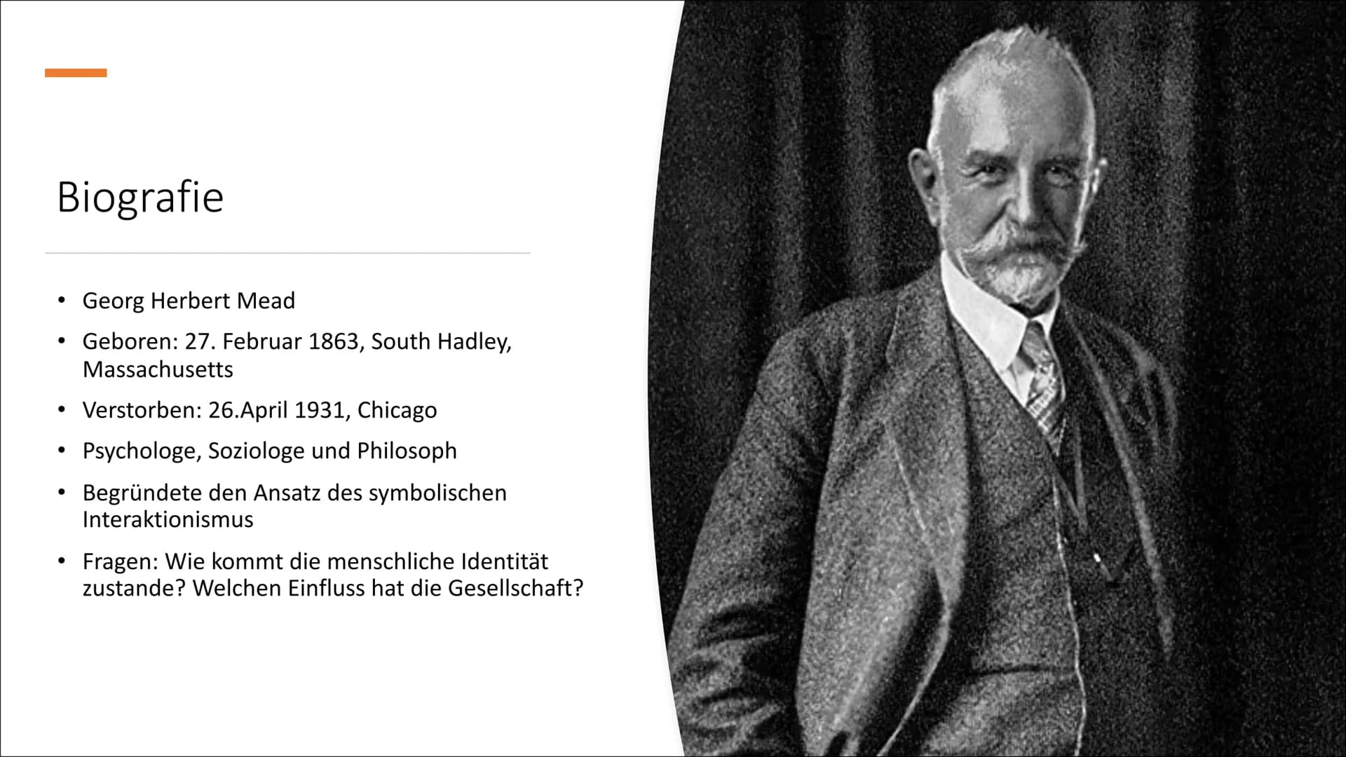 Mead und Krappmann Inhalt
●
●
●
Mead
Krappmann
Vergleich Mead Inhalt
●
●
●
Biografie
Kerngedanken
Instanzen
Sozilisationsprozesse
Identitäts