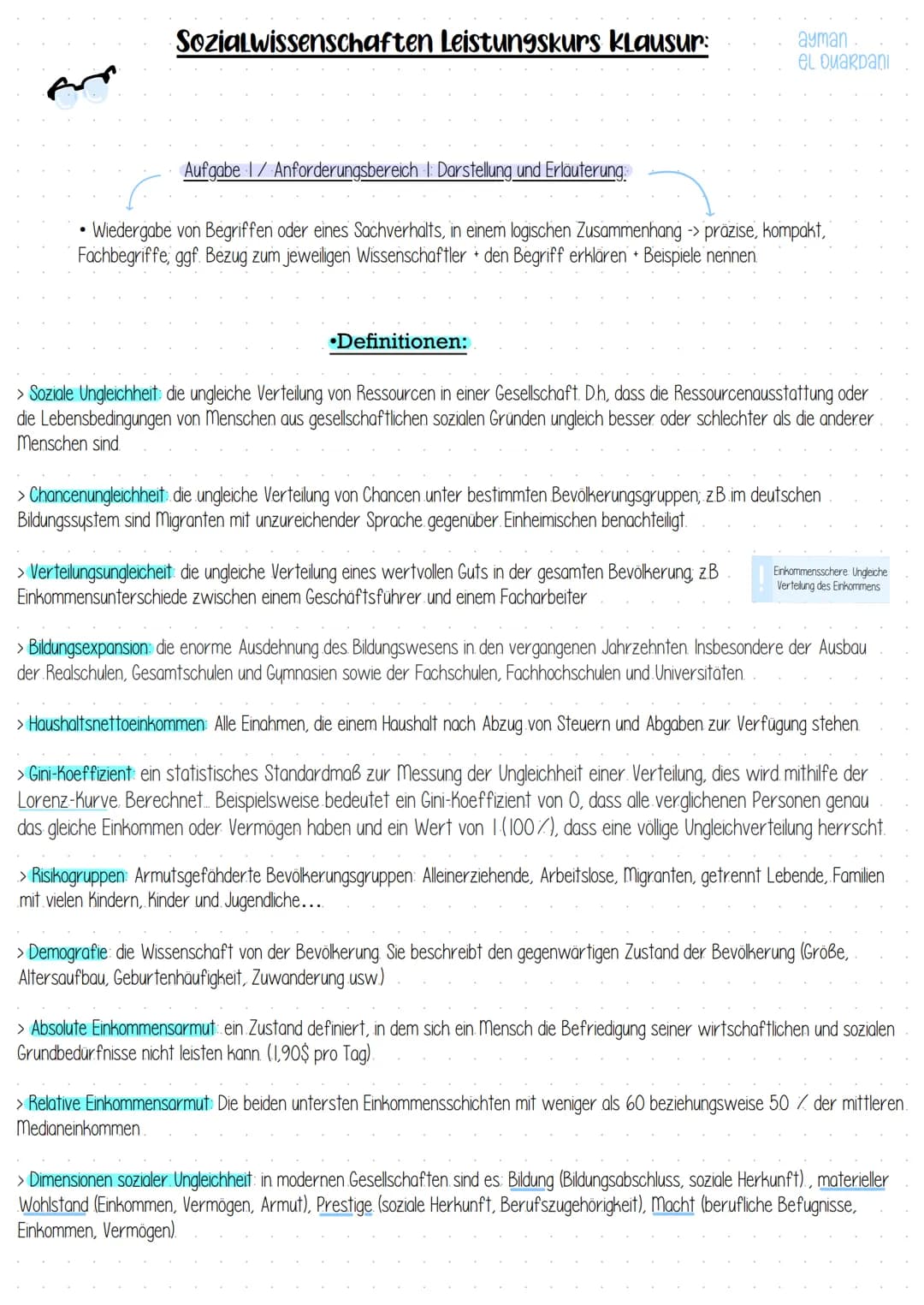 Sozialwissenschaften Leistungskurs kLausur:
Aufgabe 1/Anforderungsbereich 1: Darstellung und Erläuterung:
• Wiedergabe von Begriffen oder ei