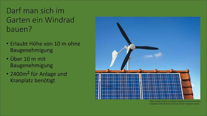 Windkraft
Marc, Gabriel und Bennet .
.
.
.
●
.
.
.
Aufbau
Funktion
Inhaltsverzeichnis
Darf man ein Windrad im Garten bauen?
Onshore & offsho