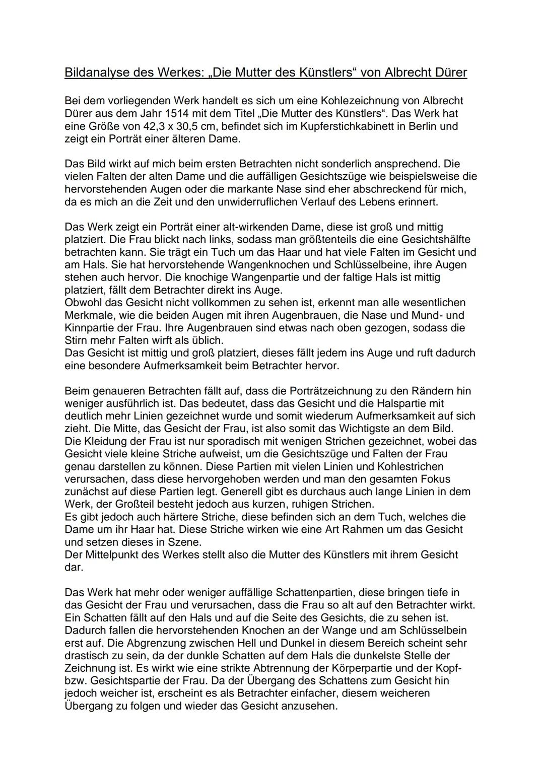 Bildanalyse des Werkes: „Die Mutter des Künstlers“ von Albrecht Dürer
Bei dem vorliegenden Werk handelt es sich um eine Kohlezeichnung von A