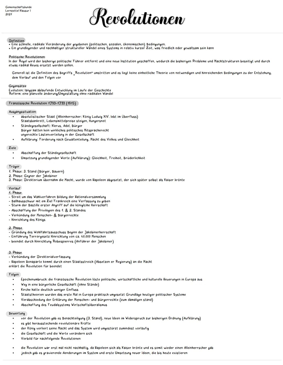 Gemeinschaftskunde
Lernzettel Klausur 1
2021
Definition
• Eine schnelle, radikale Veränderung der gegebenen (politischen, sozialen, ökonomis