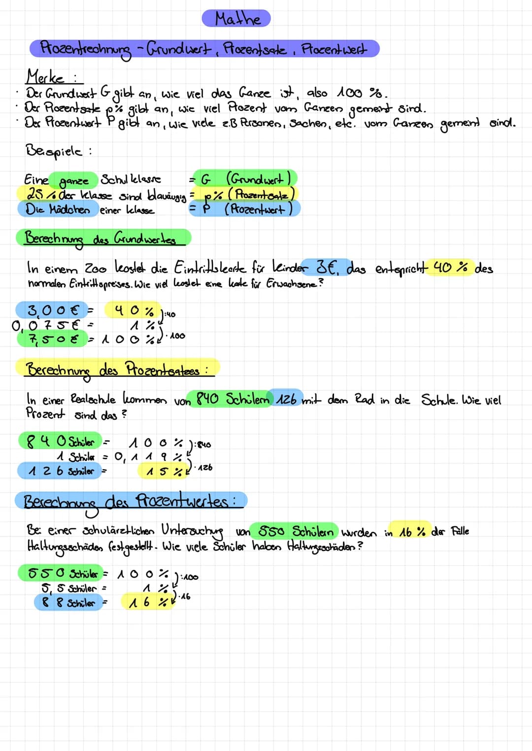 .
Mathe
Prozentrechnung -Grundwert, Prozentsate, Procent wert
Merke:
Der Grundwert G gibt an,
wie viel das Ganze ist, also 100%.
Der Prozent