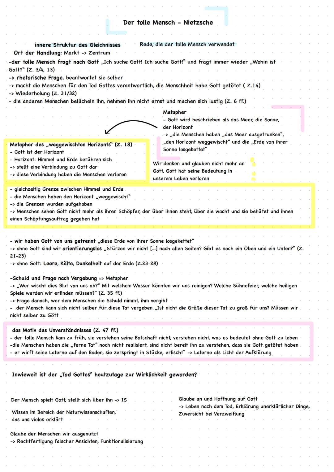 innere Struktur des Gleichnisses
Ort der Handlung: Markt -> Zentrum
Der tolle Mensch Nietzsche
-der tolle Mensch fragt nach Gott ,,Ich suche