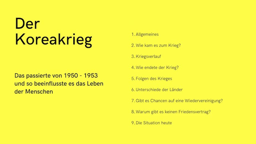 1950-1953
- Der Koreakrieg Der
Koreakrieg
Das passierte von 1950 - 1953
und so beeinflusste es das Leben
der Menschen
1. Allgemeines
2. Wie 