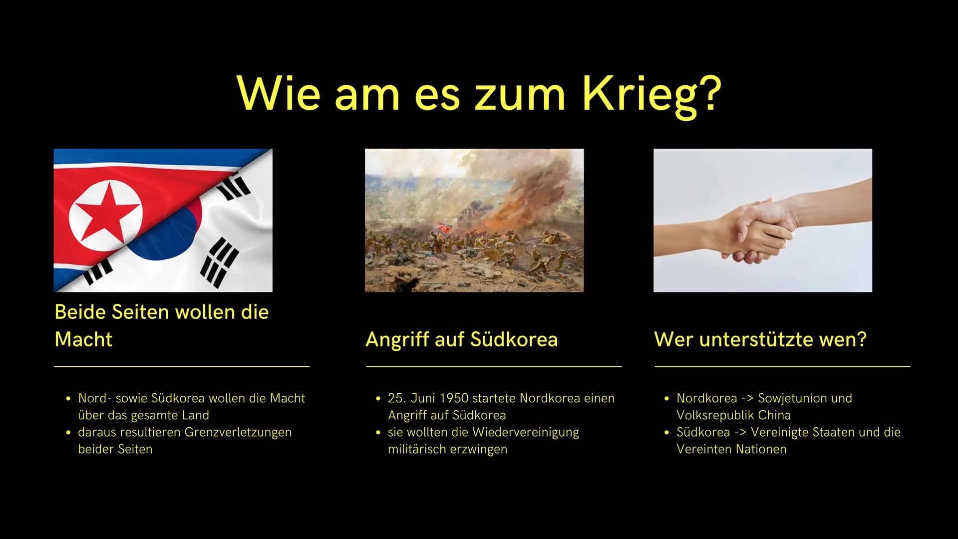 1950-1953
- Der Koreakrieg Der
Koreakrieg
Das passierte von 1950 - 1953
und so beeinflusste es das Leben
der Menschen
1. Allgemeines
2. Wie 