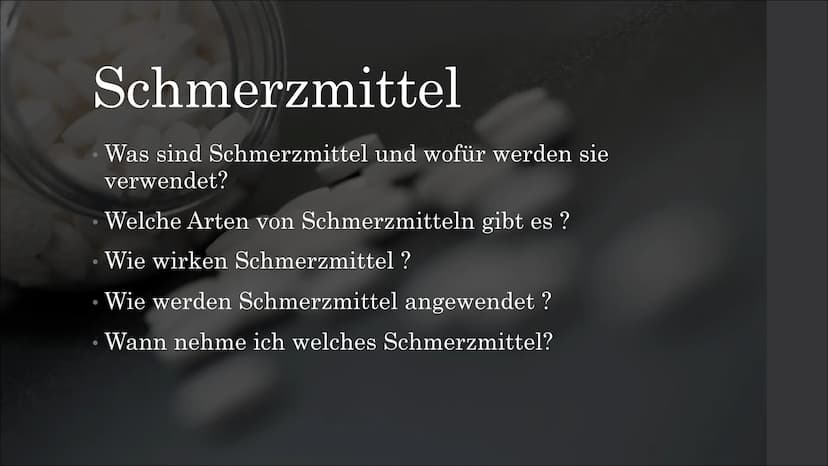 Schmerzmittel Schmerzmittel
Inhaltsangabe Schmerzmittel
Was sind Schmerzmittel und wofür werden sie
verwendet? Schmerzmittel
Was sind Schmer