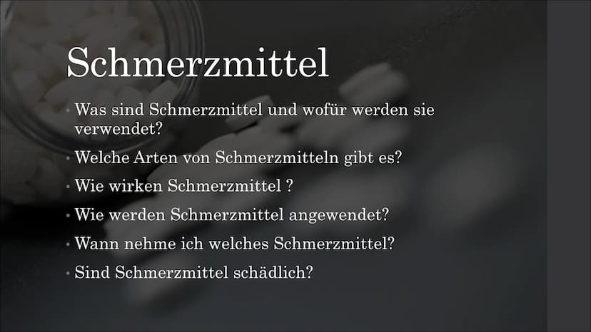 Schmerzmittel Schmerzmittel
Inhaltsangabe Schmerzmittel
Was sind Schmerzmittel und wofür werden sie
verwendet? Schmerzmittel
Was sind Schmer