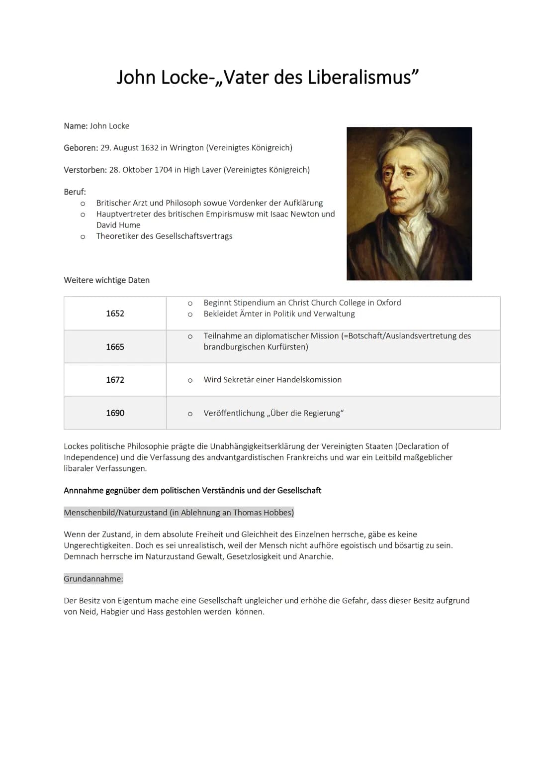 John Locke-,,Vater des Liberalismus"
Name: John Locke
Geboren: 29. August 1632 in Wrington (Vereinigtes Königreich)
Verstorben: 28. Oktober 