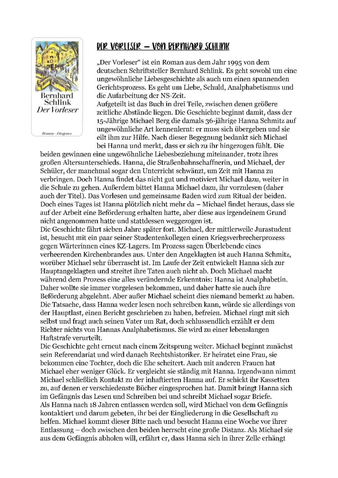 Der Vorleser Zusammenfassung: Kapitel, Themen, Charakterisierungen, und Wichtige Textstellen
