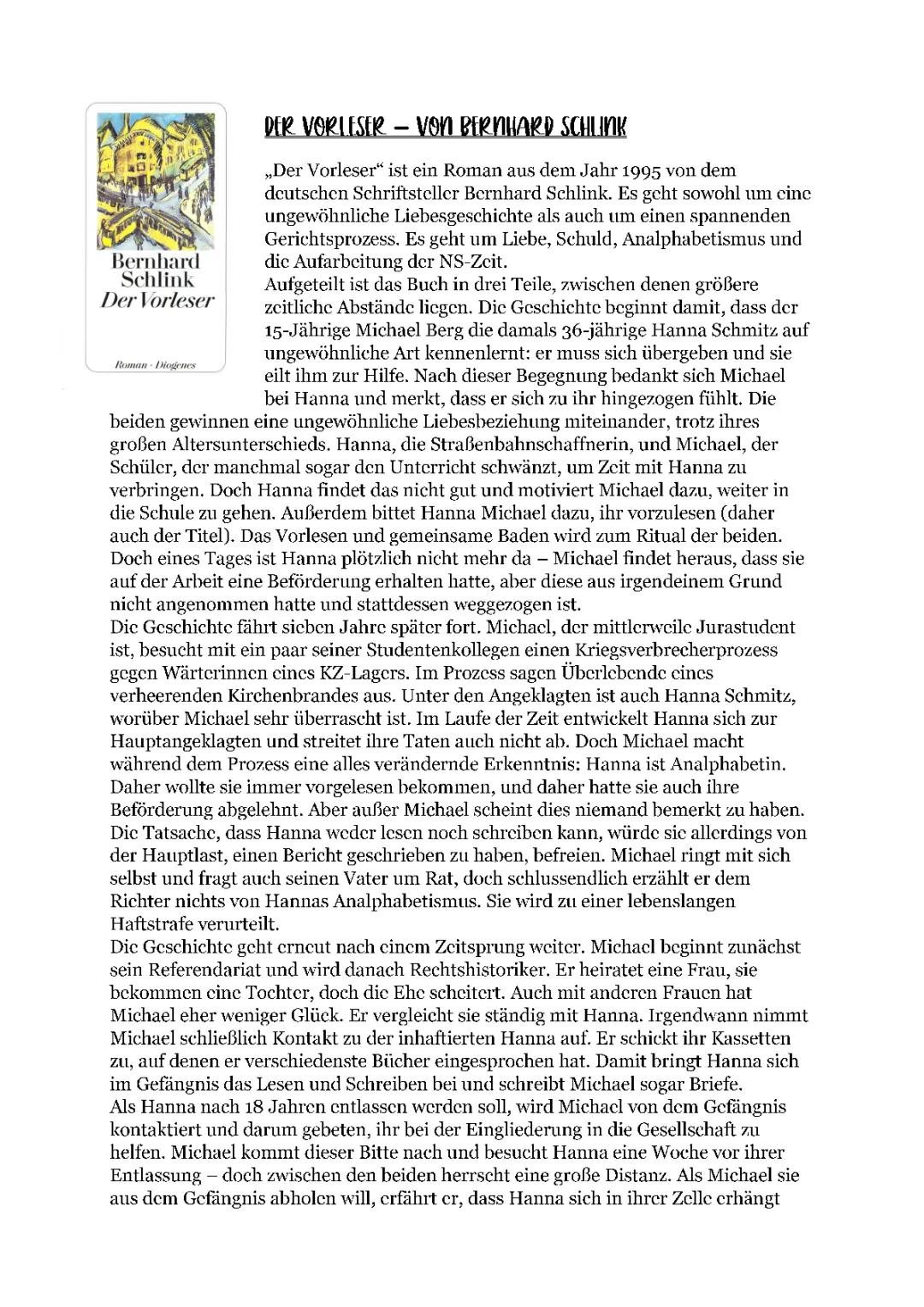 Der Vorleser Zusammenfassung: Kapitel, Themen, Charakterisierungen, und Wichtige Textstellen