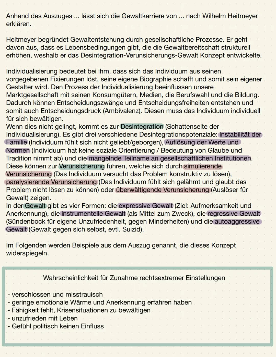 Anhand des Auszuges ... lässt sich die Gewaltkarriere von ... nach Wilhelm Heitmeyer
erklären.
Heitmeyer begründet Gewaltentstehung durch ge