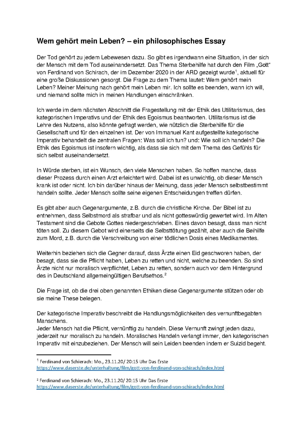 Wem gehört mein Leben? - Essay über Freitoderklärung und Kant Suizidverbot