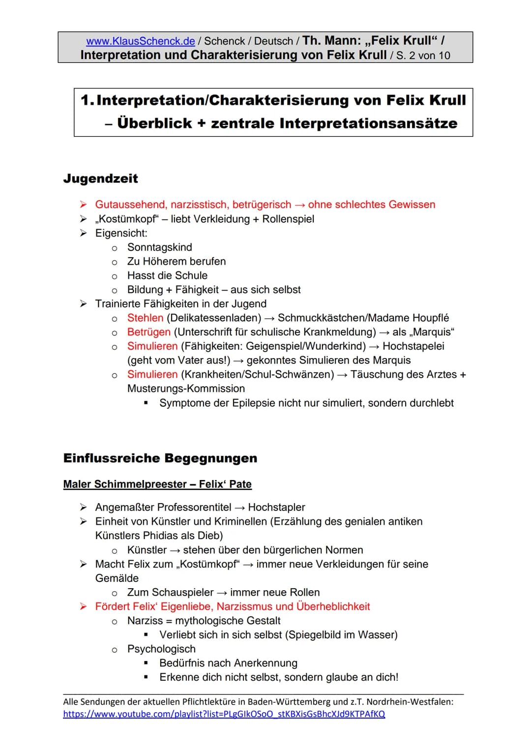 www.KlausSchenck.de/ Schenck / Deutsch / Th. Mann: ,,Felix Krull" /
Interpretation und Charakterisierung von Felix Krull / S. 1 von 10
Thoma