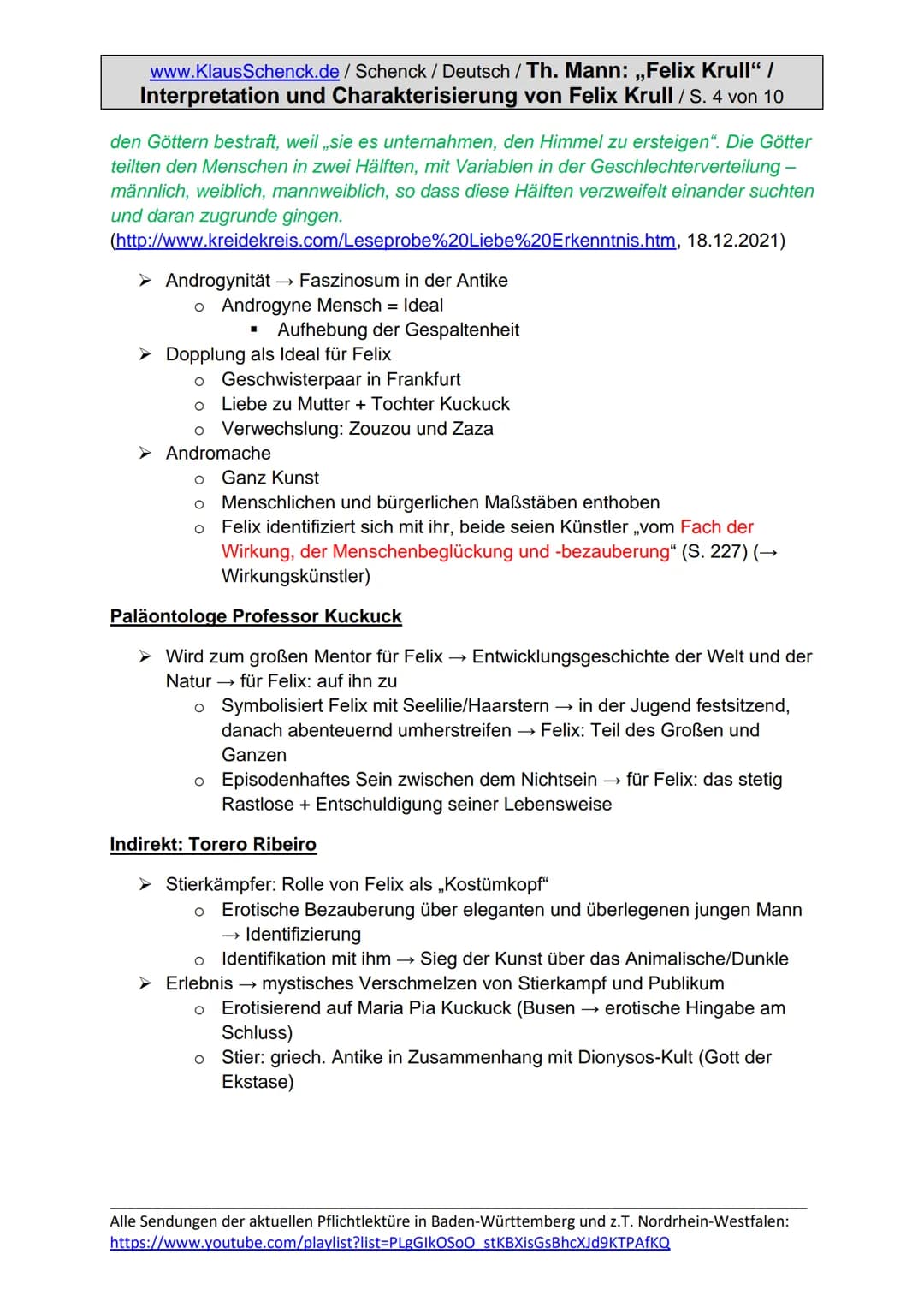 www.KlausSchenck.de/ Schenck / Deutsch / Th. Mann: ,,Felix Krull" /
Interpretation und Charakterisierung von Felix Krull / S. 1 von 10
Thoma