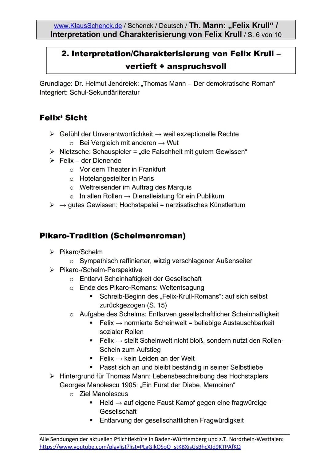 www.KlausSchenck.de/ Schenck / Deutsch / Th. Mann: ,,Felix Krull" /
Interpretation und Charakterisierung von Felix Krull / S. 1 von 10
Thoma