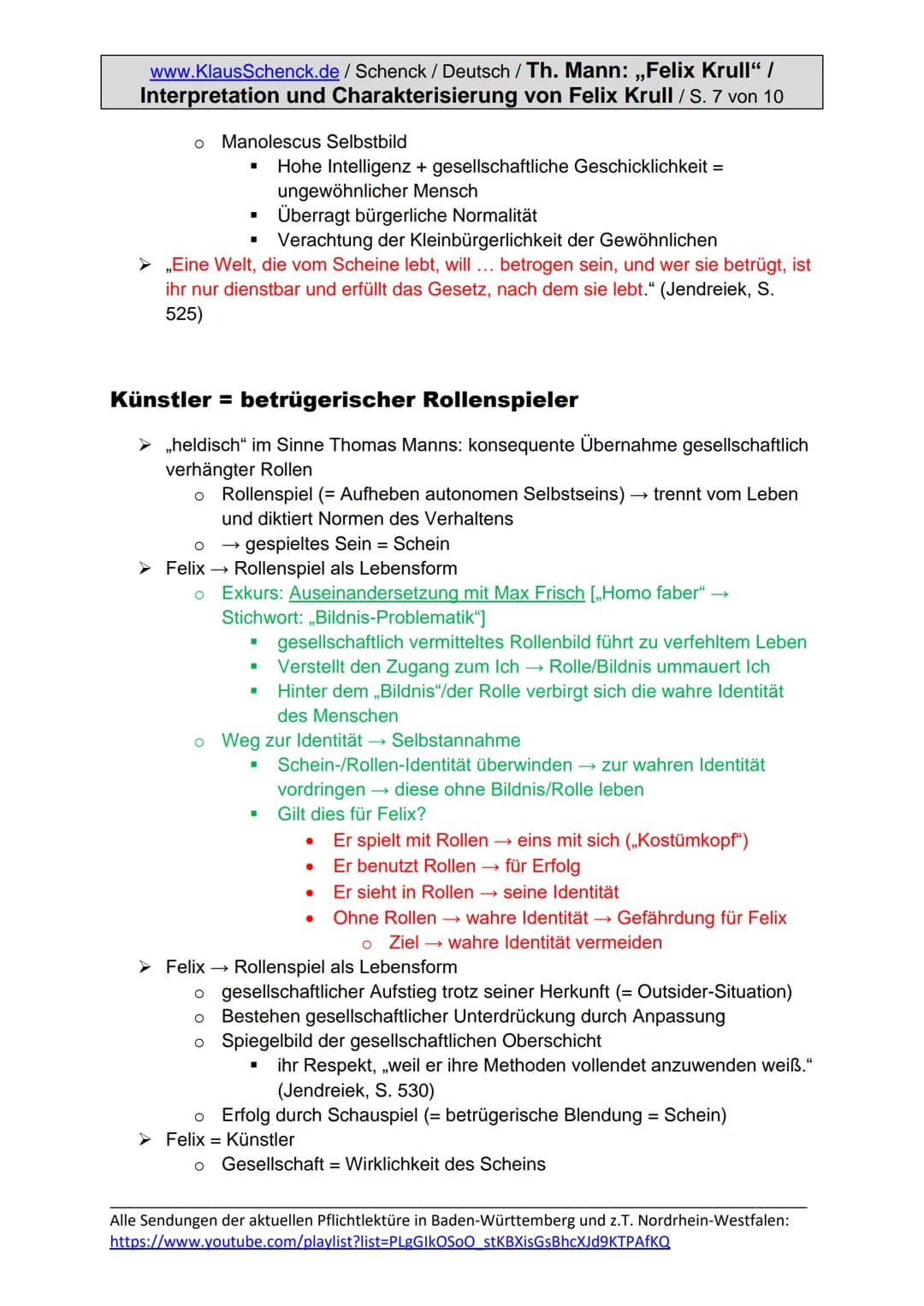 www.KlausSchenck.de/ Schenck / Deutsch / Th. Mann: ,,Felix Krull" /
Interpretation und Charakterisierung von Felix Krull / S. 1 von 10
Thoma