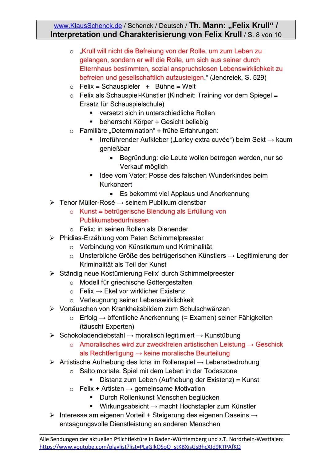 www.KlausSchenck.de/ Schenck / Deutsch / Th. Mann: ,,Felix Krull" /
Interpretation und Charakterisierung von Felix Krull / S. 1 von 10
Thoma